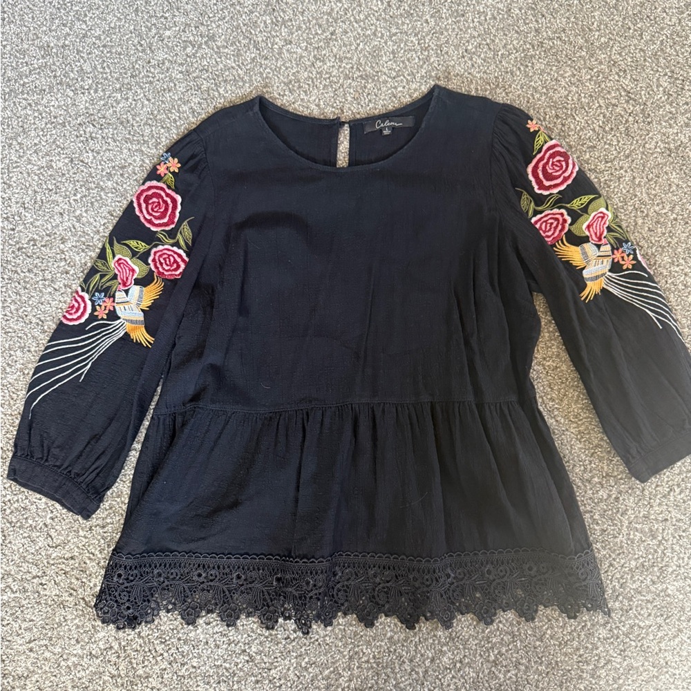 Calessa Embroidered Long Sleeve Babydoll Top